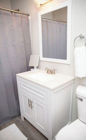 Hair dryer, towels, soap, toilet paper