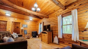 Ein gemütliches Cabin-Interieur mit Holzausstattung, einer Couch, einem Fernseher und einem Kamin.