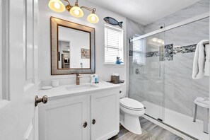 Douche, séchoir à cheveux, serviettes fournies, papier de toilette