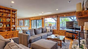 Smart TV, fireplace, books, computer monitors