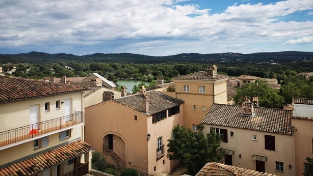 A view of a town with terracotta-roofed buildings, a river in the background, and a clear sky. - A little cocoon in Provence on the Pont Royal golf course (Mallemort)