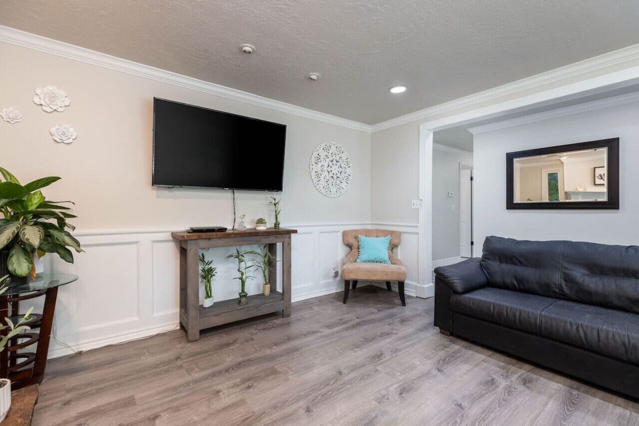 Smart TV, fireplace, foosball