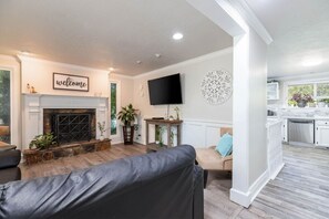 Smart TV, fireplace, foosball