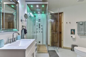 Shower, hair dryer, towels