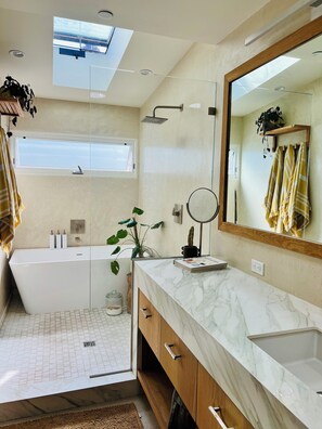 Hair dryer, towels, soap, shampoo