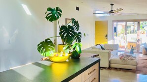 A modern kitchen with a black countertop, wooden cabinets, and a large plant. There is a ceiling fan and recessed lighting. - T-Street 3 Bed Beach Bungalow w/ Pool  (San Clemente)