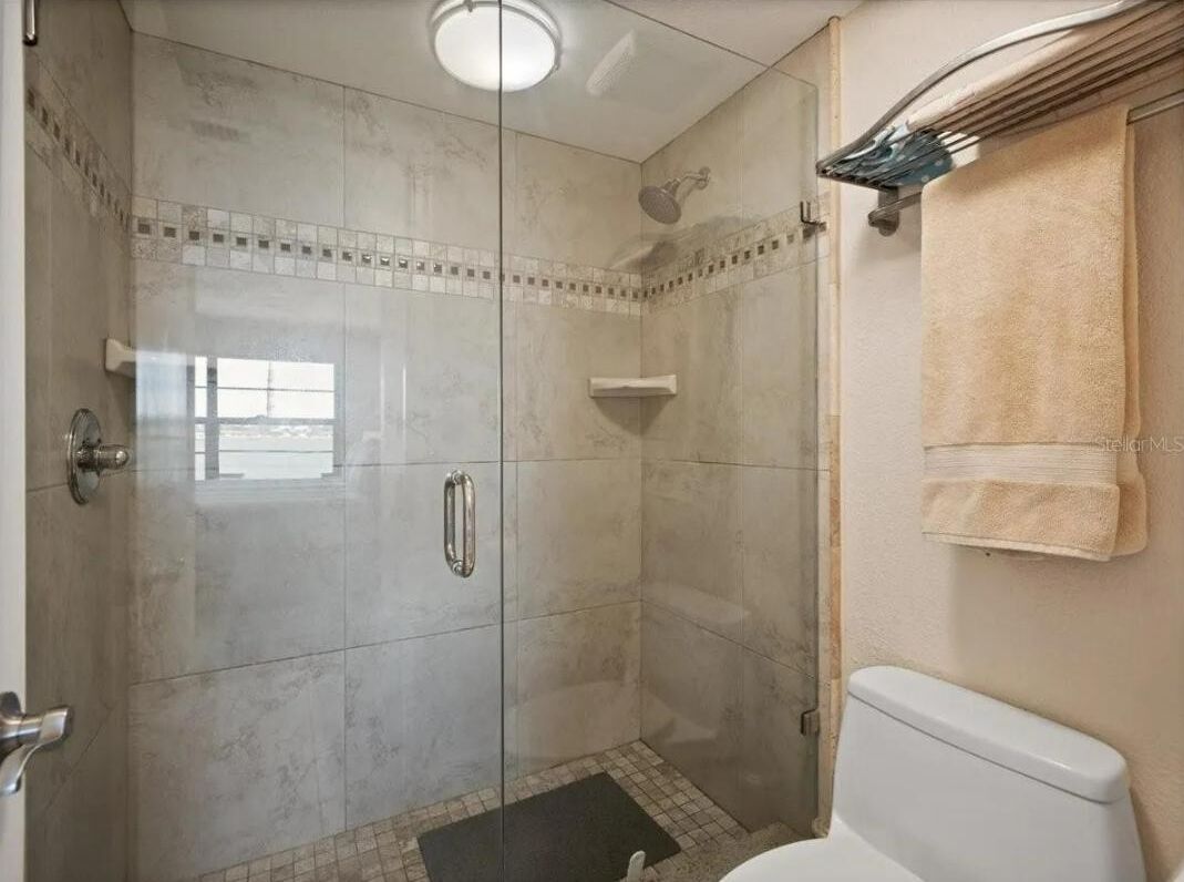 A glass-enclosed shower with a tiled floor, a toilet, and a towel rack.