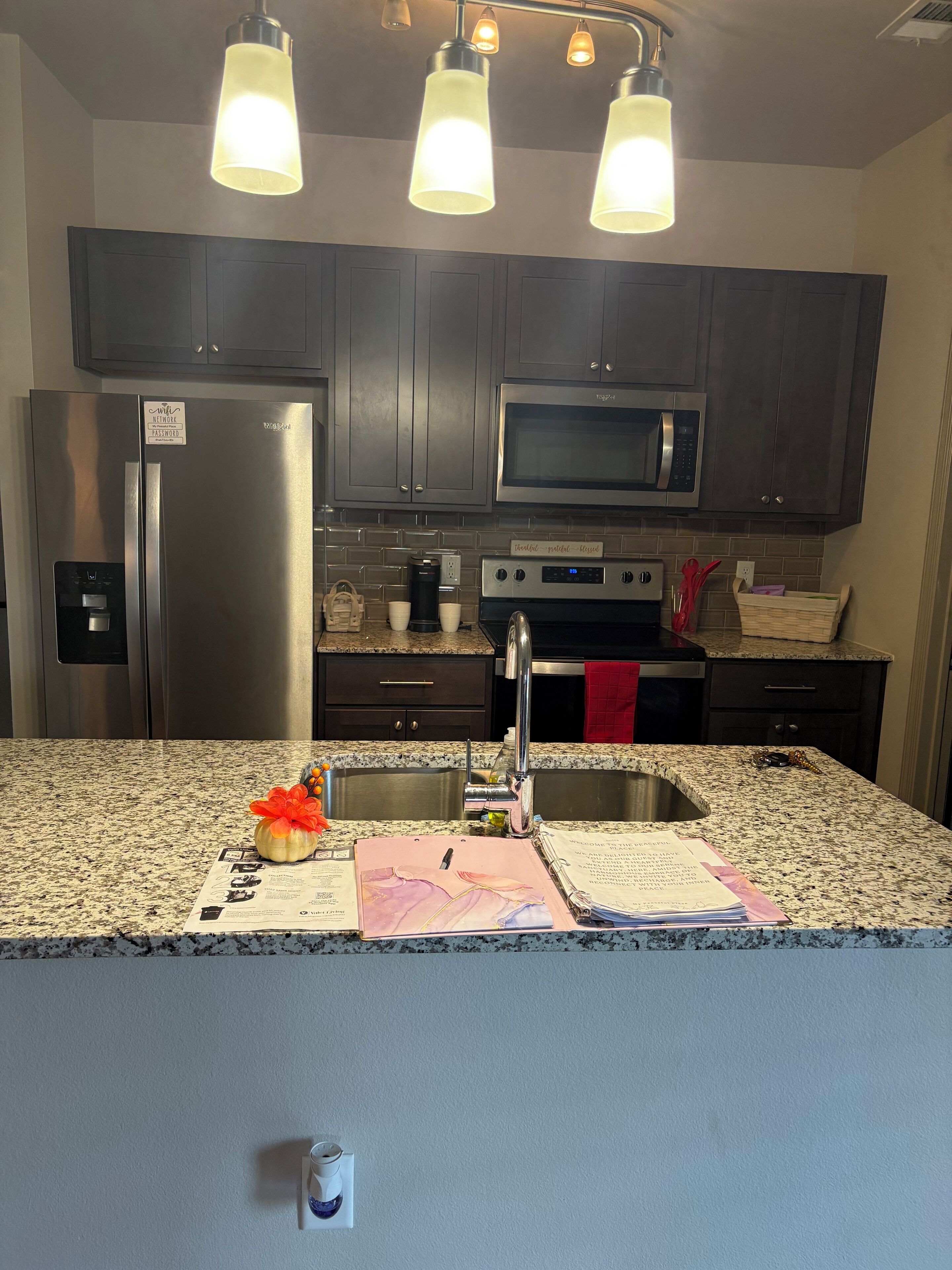 A modern kitchen with dark cabinets, stainless steel appliances, a granite countertop, and pendant lighting.