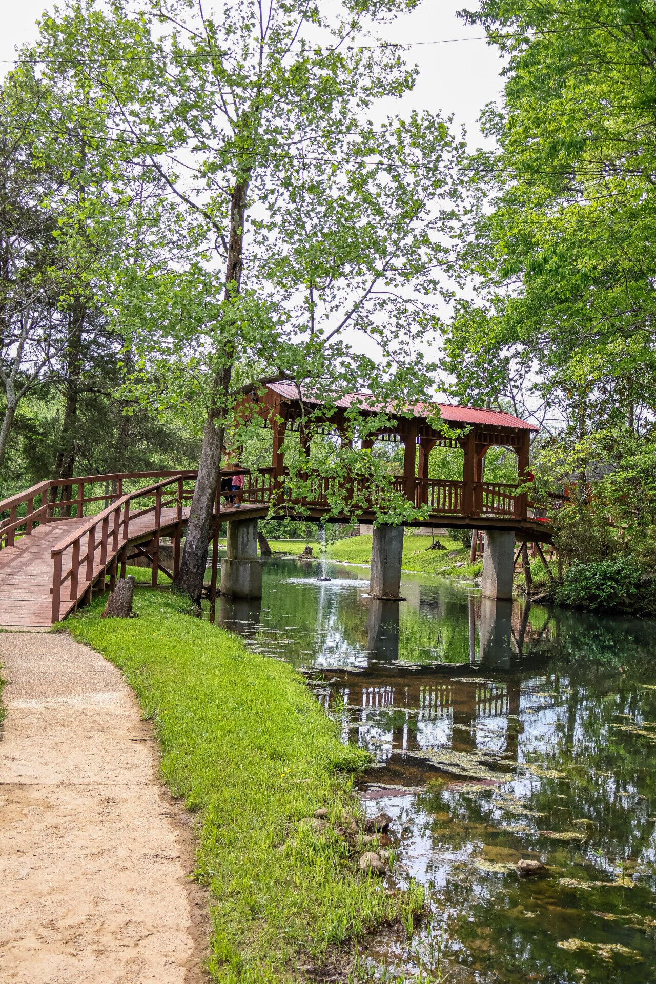 A wooden bridge over a calm river, surrounded by lush greenery and trees.