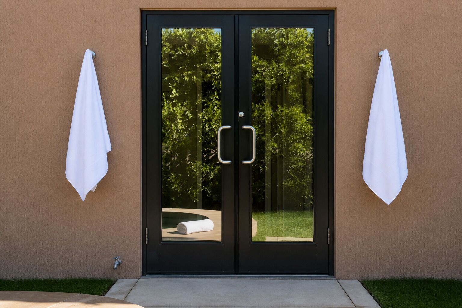 A double door entrance with a glass panel, two towels hanging on the wall, and a small outdoor area visible through the glass.