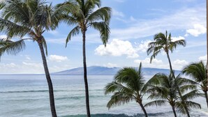 A coastal view with palm trees and a mountain in the background. - Ocean Front - Gorgeous Views! (Lahaina)