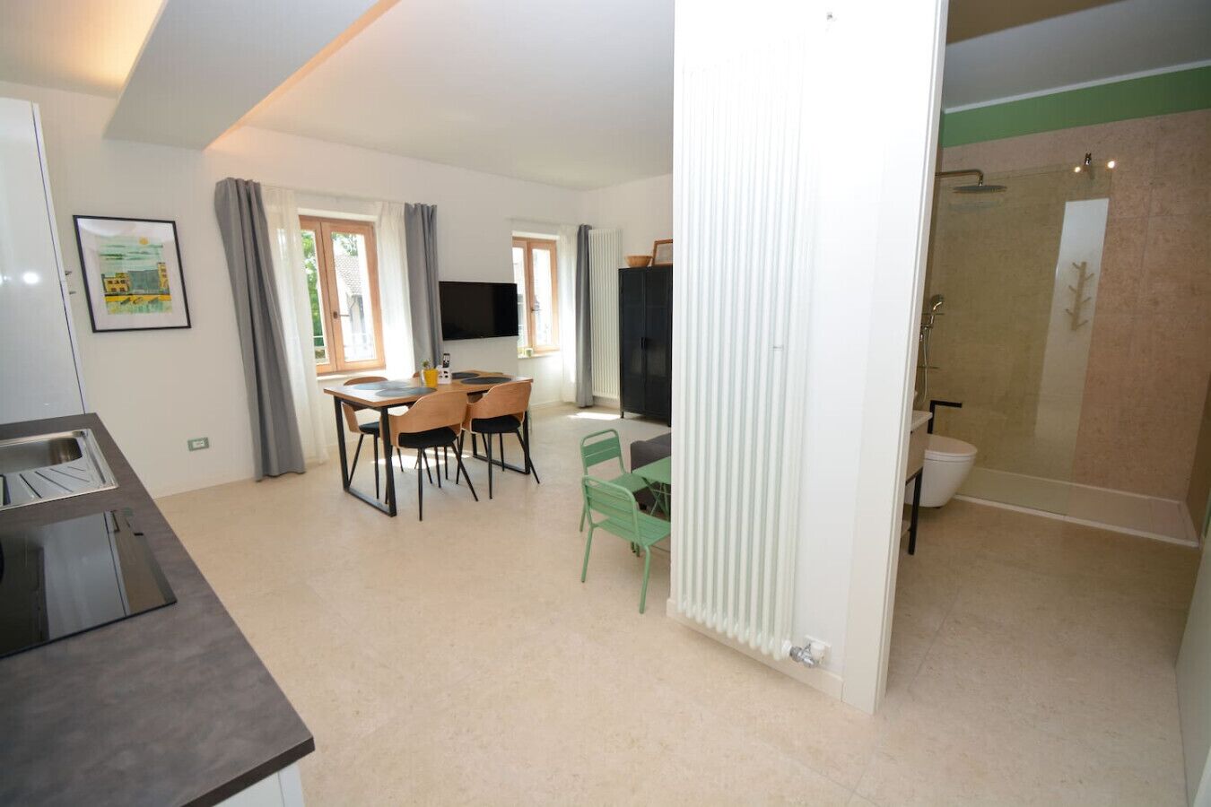 A modern apartment with a dining area, a TV, a shower, and a kitchen.