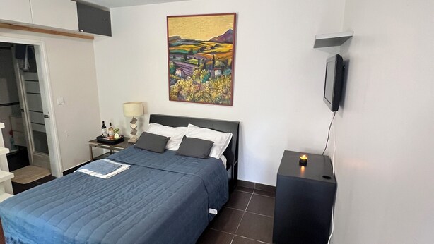 A bedroom with a bed, a nightstand, a painting, and a TV. - Newly Renovated Gem: 15 mins train ride to Paris (Sarcelles)