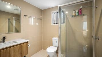 Shower, hair dryer, soap, shampoo