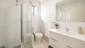 A modern bathroom with a glass-enclosed shower, a toilet, and a vanity with a mirror. - 1 Bdr Apt w/ AC & Kitchen | Parking | 135F1 (Rocklea)