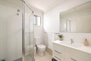 Hair dryer, towels, soap, shampoo