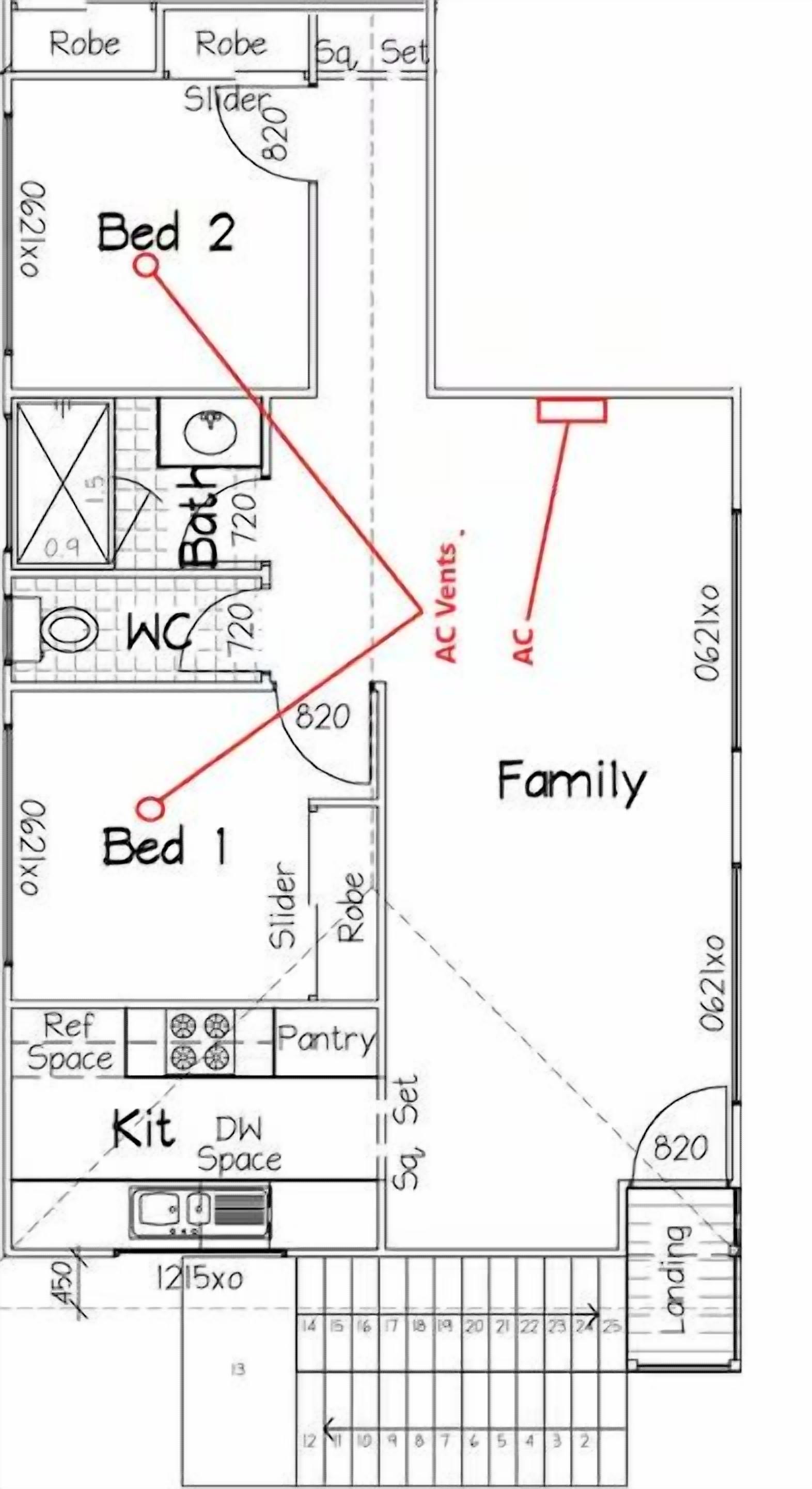 Un plan d’étage d’une chambre d’hôtel comprenant deux lits, une salle de bain, un coin cuisine et un petit espace repas.