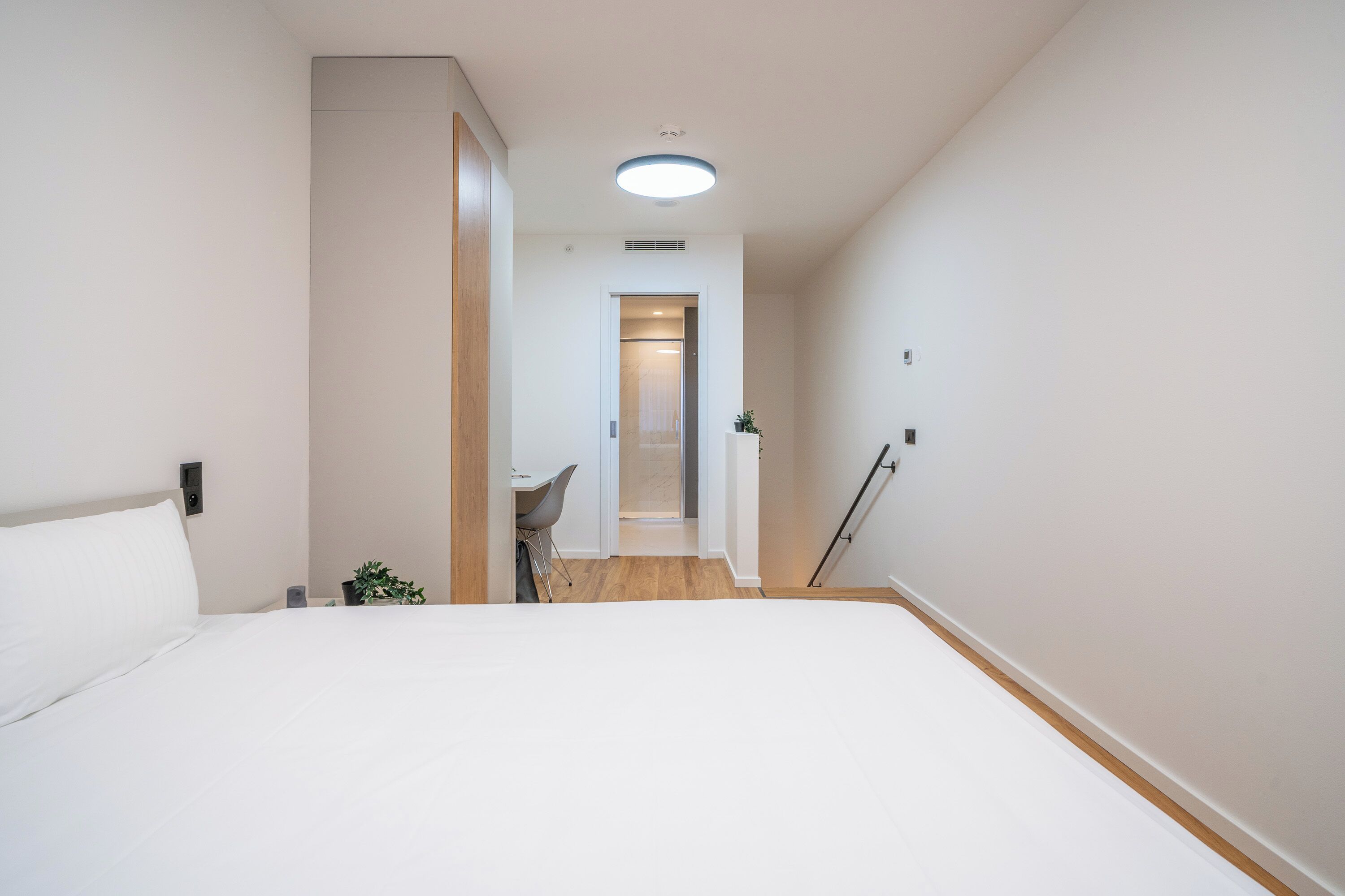 A hotel room with a large bed, a desk, and a chair. There is a door leading to another room and a plant on the desk.