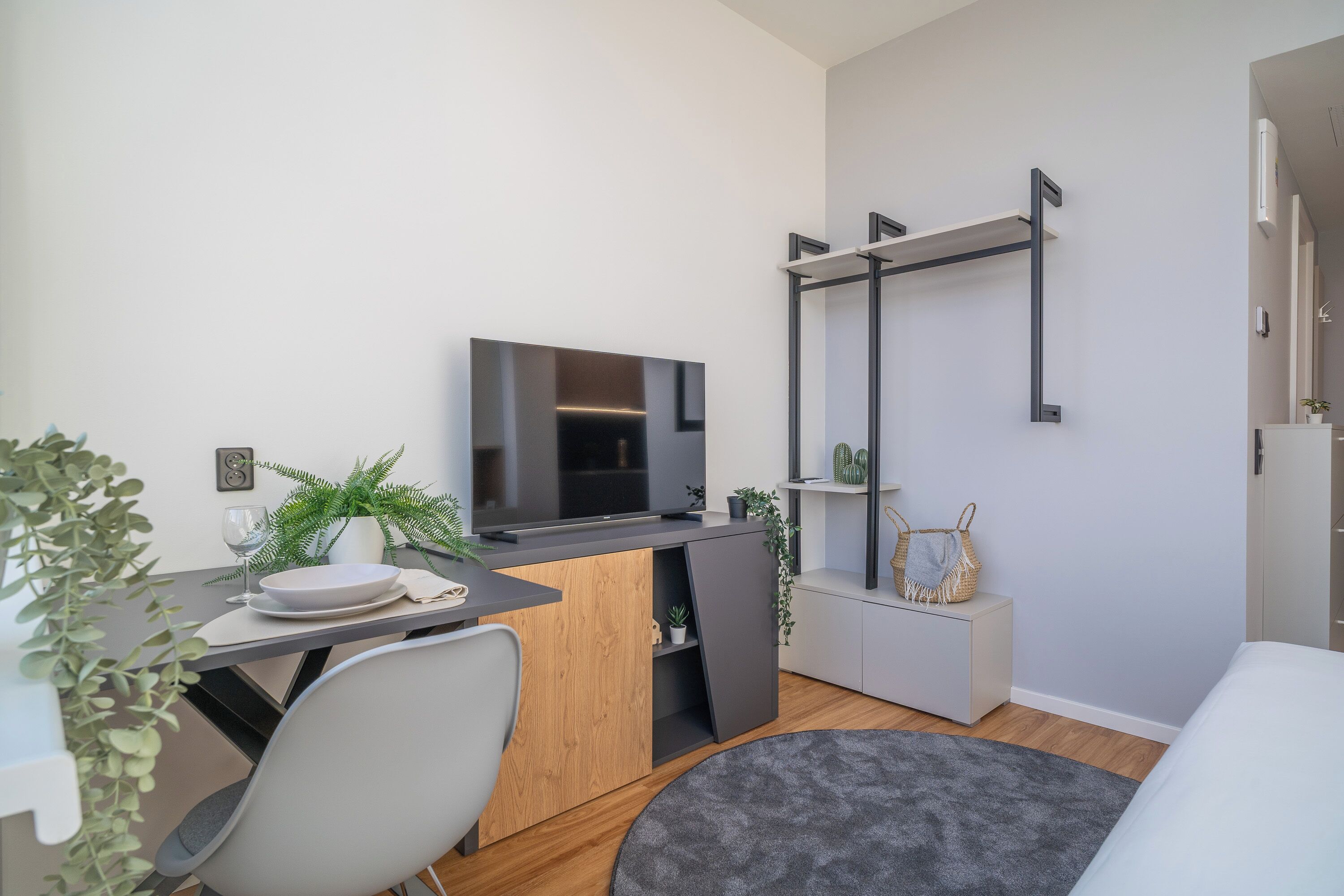 Ein modernes Wohnzimmer mit Flachbildfernseher, einem Esstisch mit Stühlen, einem grauen Teppich und einer kleinen Pflanze.