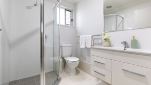 A modern bathroom with a glass shower enclosure, a toilet, a vanity with a mirror, and a sink.