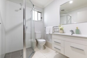 Hair dryer, towels, soap, shampoo