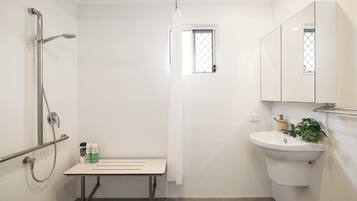 Hair dryer, towels, soap, shampoo