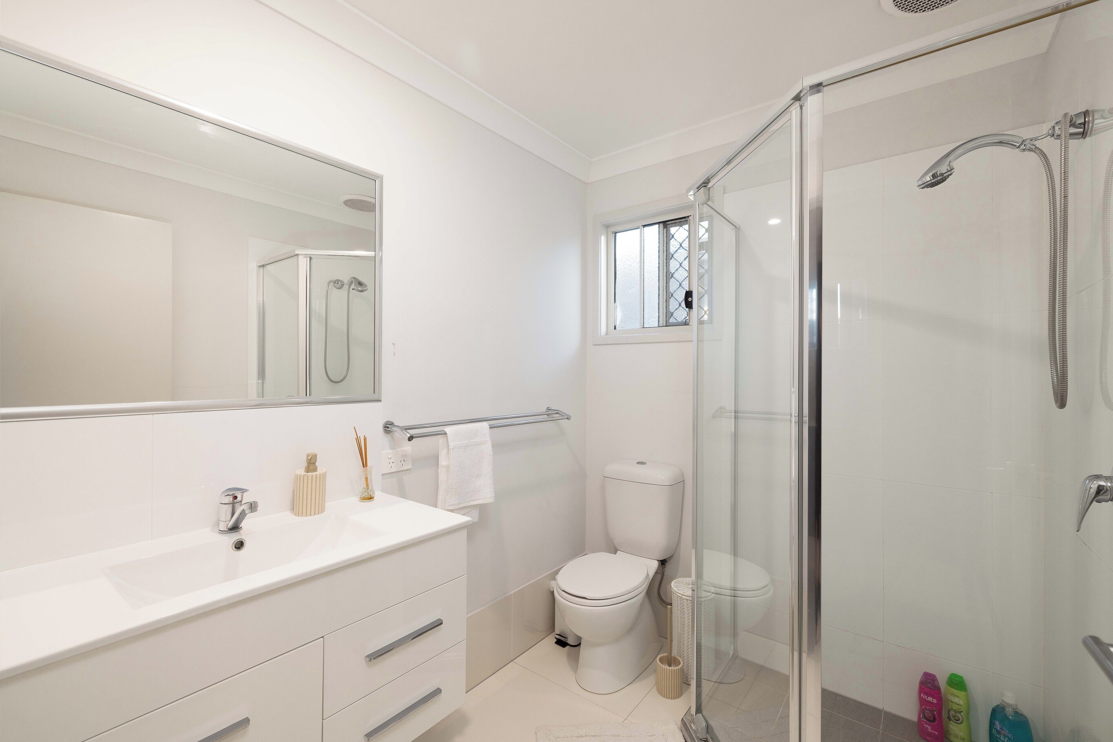 Shower, hair dryer, soap, shampoo