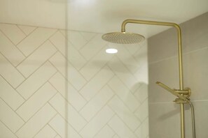 Shower, hair dryer, shampoo
