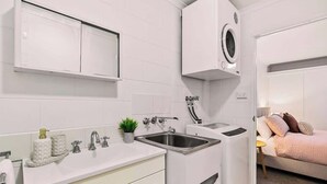 Une cuisine compacte comprenant un évier, un lave-linge et un petit plan de travail agrémenté d’une plante.