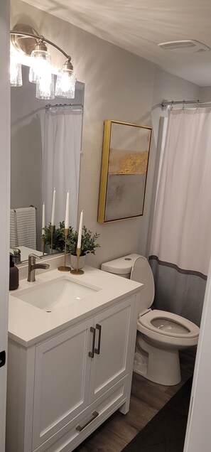 Hair dryer, towels, soap, shampoo