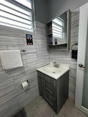 Shower, hair dryer, towels, soap