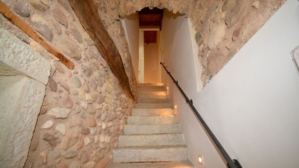 A stone staircase leading to a wooden door at the top.