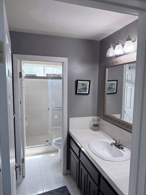 Shower, hair dryer, towels, soap