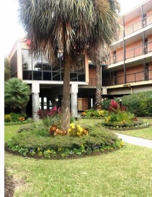 Guests can enjoy a peaceful garden and easy access to the building's amenities.