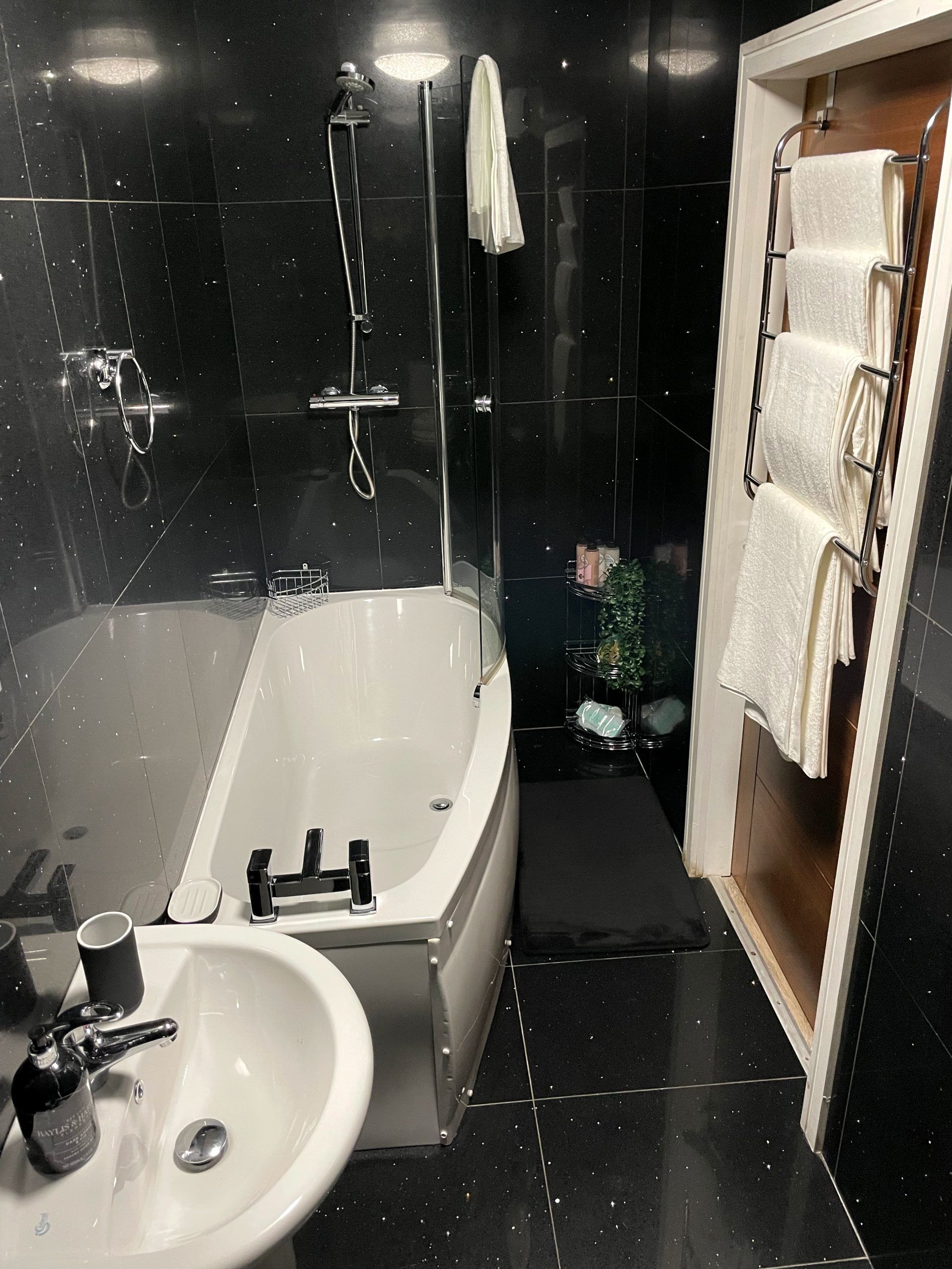 Hair dryer, towels, soap, shampoo