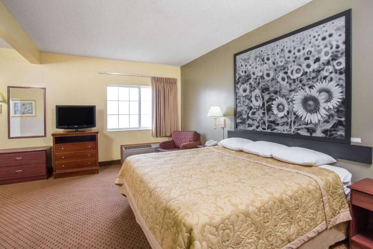 A hotel room with a large bed, a television, a desk, and a painting of sunflowers.