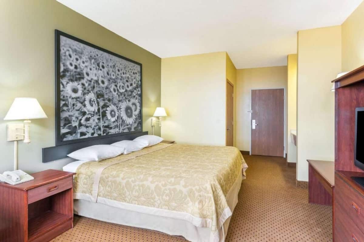 A hotel room with a bed, two bedside lamps, a large floral artwork on the wall, a wooden nightstand, a television, and a door leading to another room.