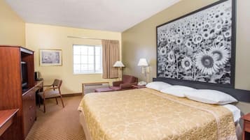 Une chambre d’hôtel avec un grand lit, un bureau avec une chaise, une télévision et un tableau encadré au mur.