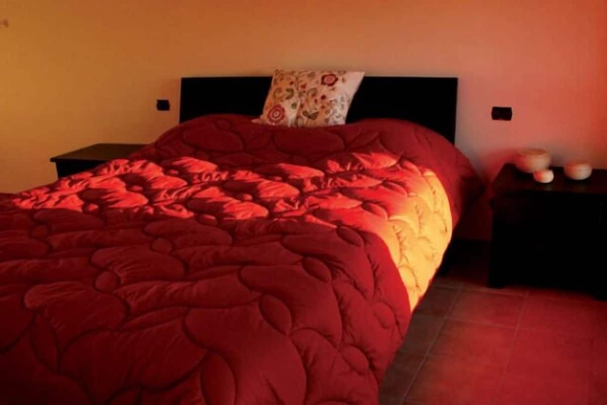 Quarto com colcha vermelha, mesa de cabeceira com abajur e travesseiro estampado com padrão floral.