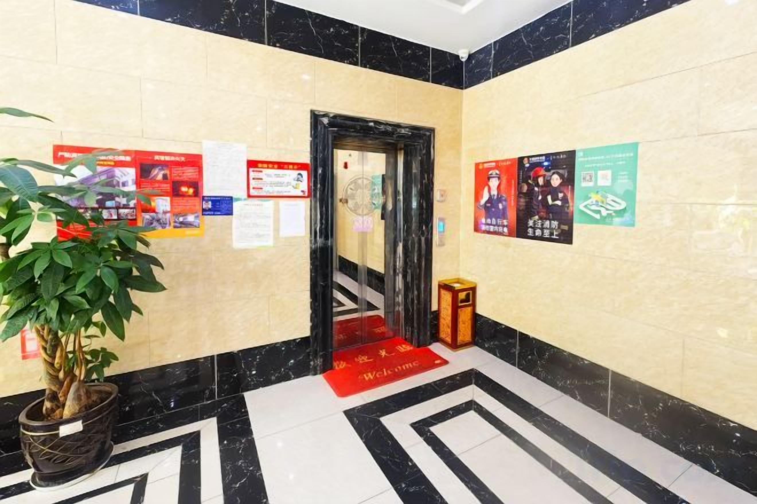A lobby with a red carpet, a potted plant, and informational posters on the walls.