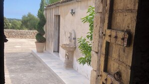 An open doorway to a courtyard with a stone wall, a potted tree, a stone fountain, and a rustic wooden door. - Characteristic olive grove (Noto)