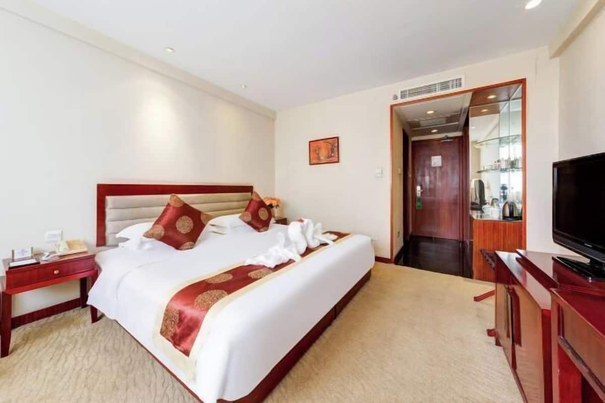 A hotel room with a large bed, a TV, a desk, and a mirror.