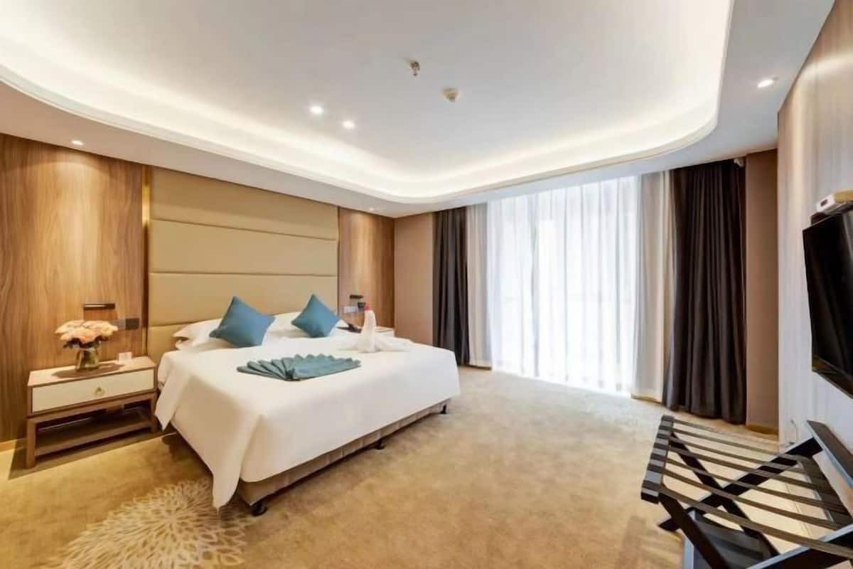 A hotel room with a large bed, bedside tables, a flat-screen TV, and a large window with curtains.