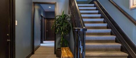 A hallway with a carpeted floor, a wooden bench, a potted plant, and a staircase with a black railing.