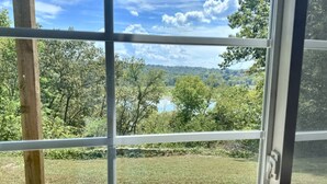 A view through a window with a grid pattern, overlooking a grassy area with trees and a body of water in the distance. - Lake Views! Little Bell Bungalow Charmer, Backyard, Game Room, Foosball (Forsyth)