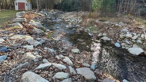 Un río con rocas y una caseta pequeña en un bosque.
