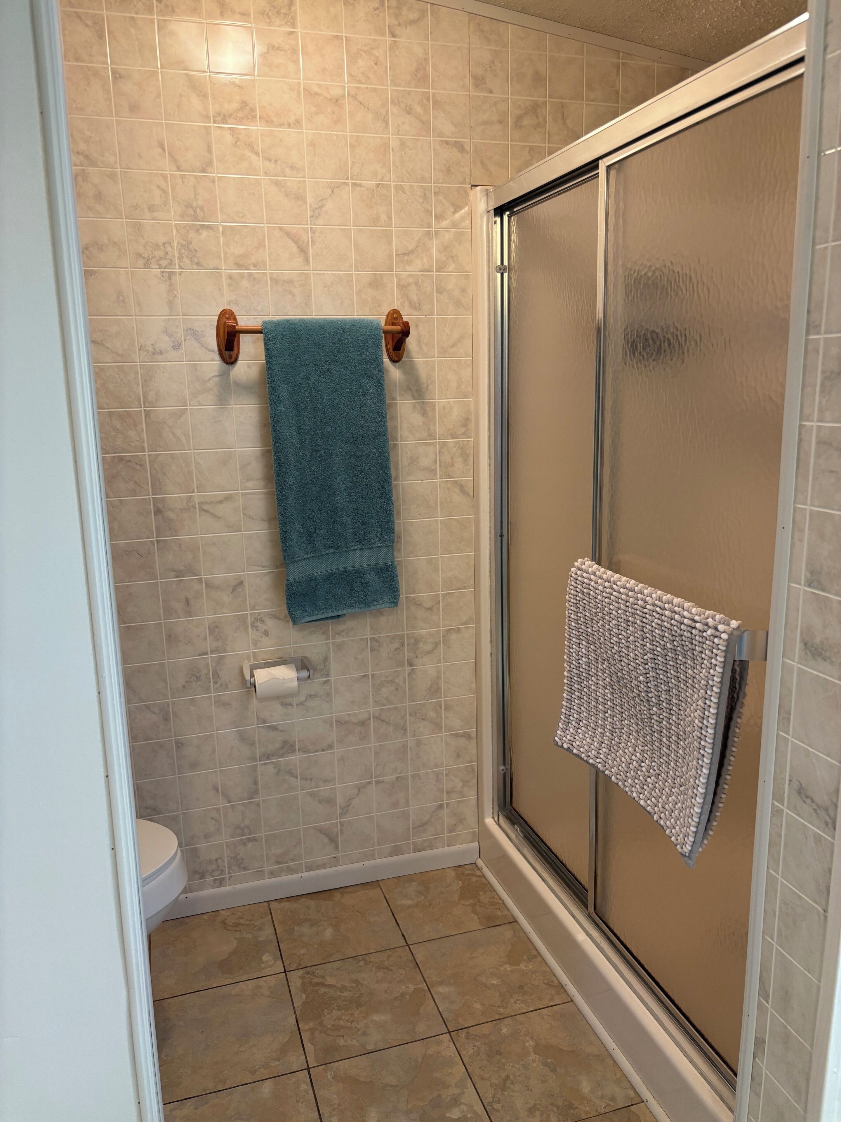 Une salle de bain avec une porte de douche en verre, des toilettes et deux serviettes posées sur des porte-serviettes.