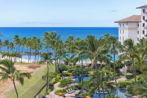 Un resort con piscina, palmeras y vista al océano.