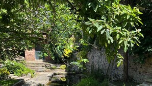 A narrow water channel with steps leading down to a small pond, surrounded by greenery and a stone wall. - Cozy cottage in charming Les Andelys with AC, WiFi (Les Andelys)
