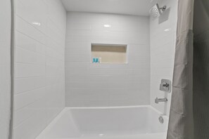 Hair dryer, towels, soap, shampoo